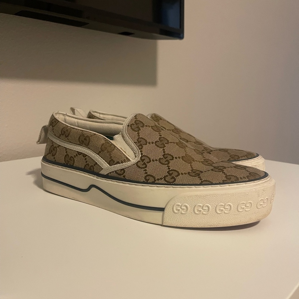 Gucci Beige Monogram Canvas Slip-Ons